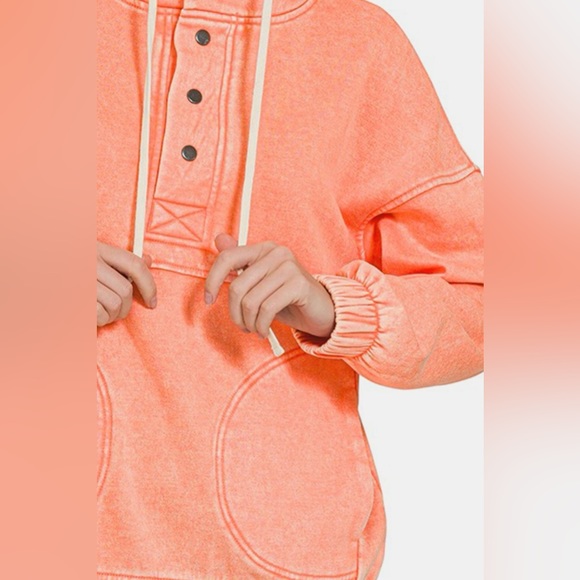 🔥SOLD OUT- Zenana Drawstring Half Snap Dropped Shoulder Hoodie - Picture 2 of 3